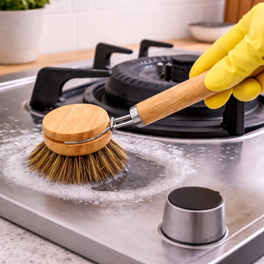 Helionixxcosh® Replaceable Natural Dish Brush Set – 3 Bristle Types for All Cookware, Eco-Friendly Long Handle Cleaning Brush